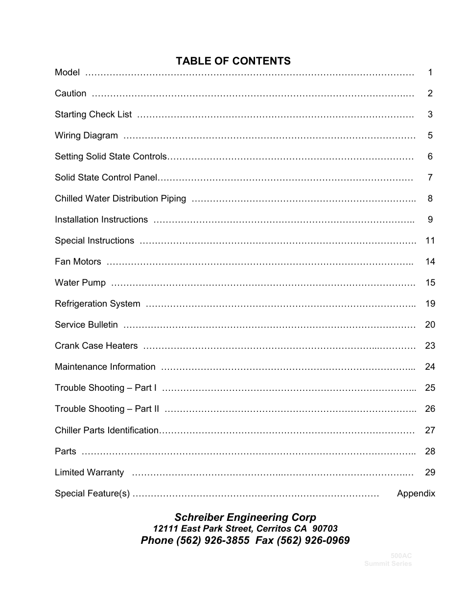 Schreiber Chillers 500ACsf User Manual | Page 2 / 33