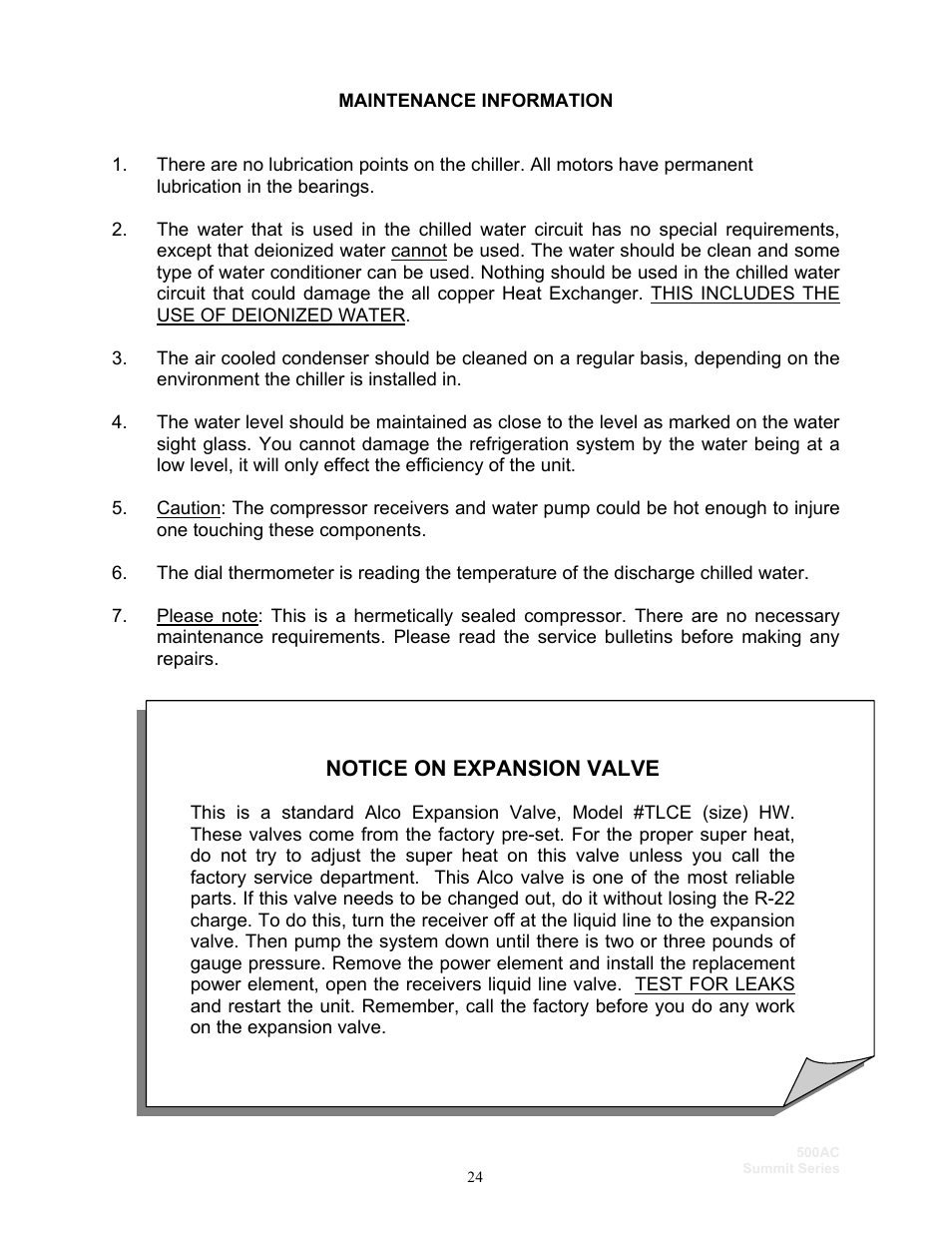 Notice on expansion valve | Schreiber Chillers 500ACsf User Manual | Page 26 / 33