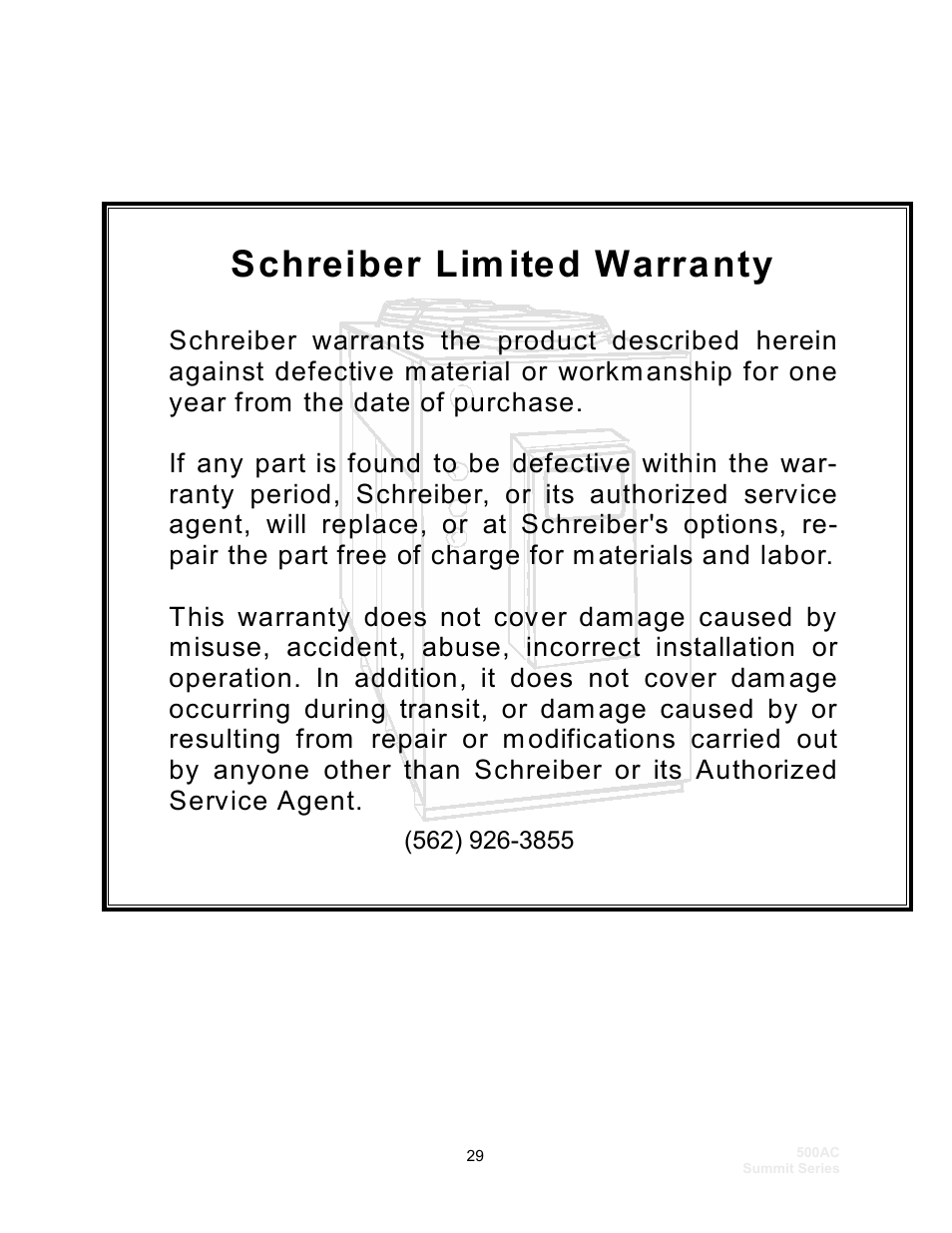 Schreiber lim ited warranty | Schreiber Chillers 500ACsf User Manual | Page 31 / 33