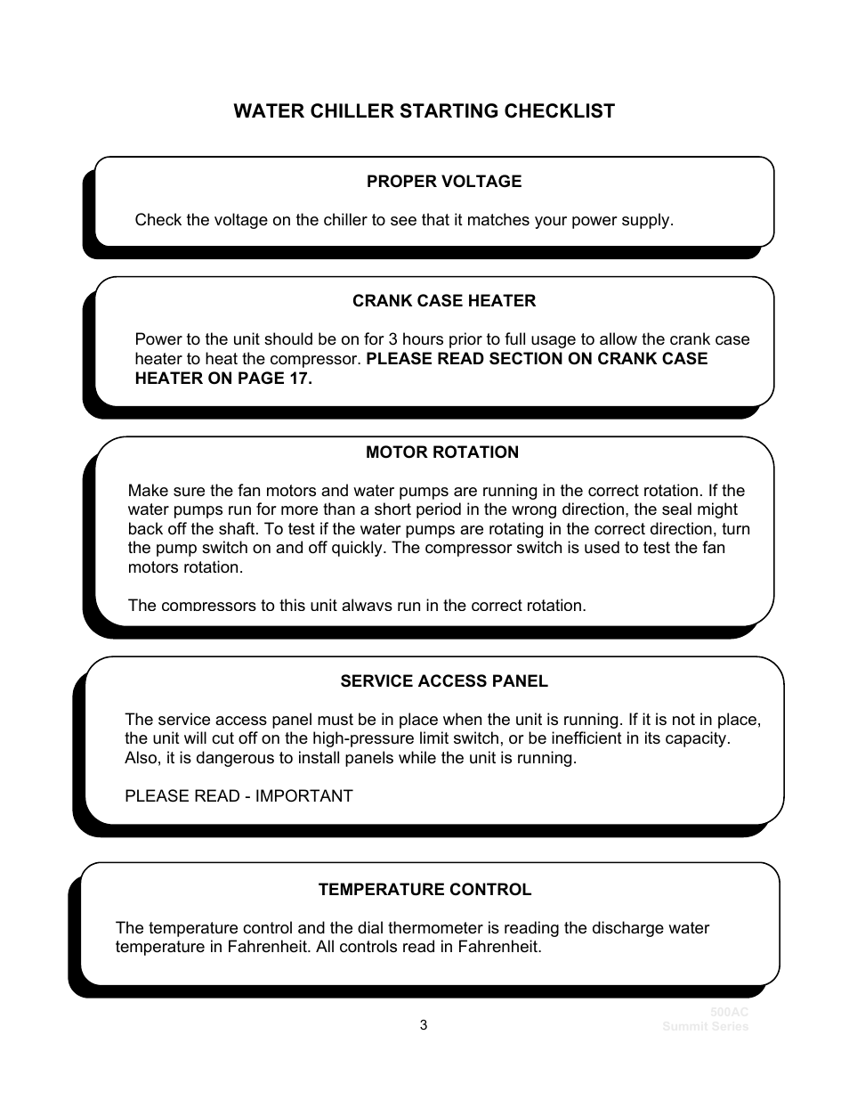 Water chiller starting checklist | Schreiber Chillers 500ACsf User Manual | Page 5 / 33