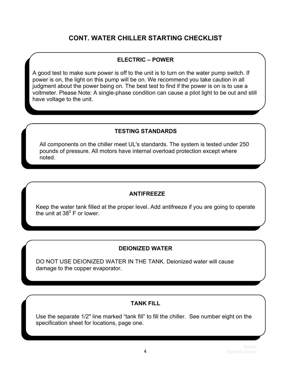 Cont. water chiller starting checklist | Schreiber Chillers 500ACsf User Manual | Page 6 / 33