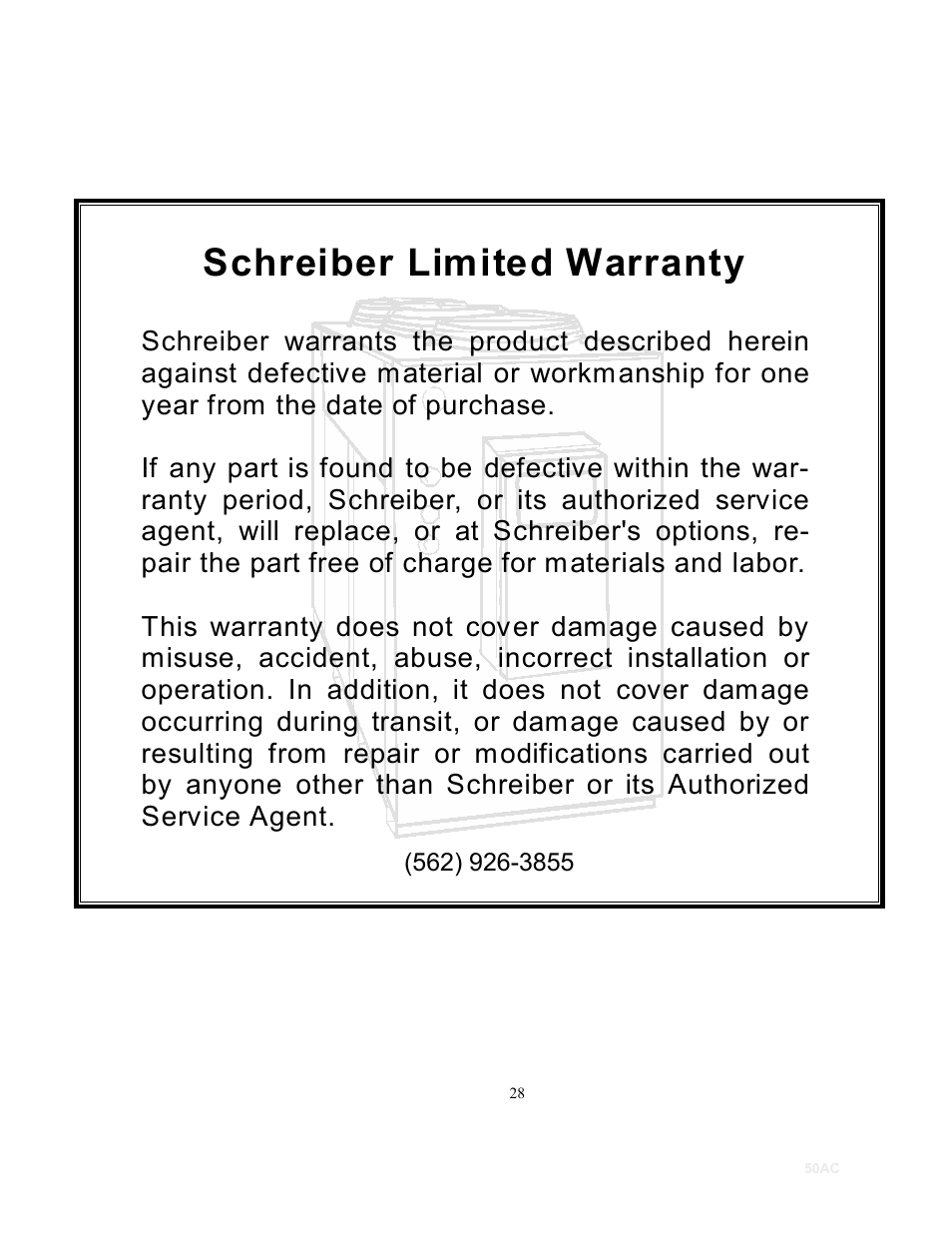 Schreiber limited warranty | Schreiber Chillers 50ACsf User Manual | Page 30 / 32