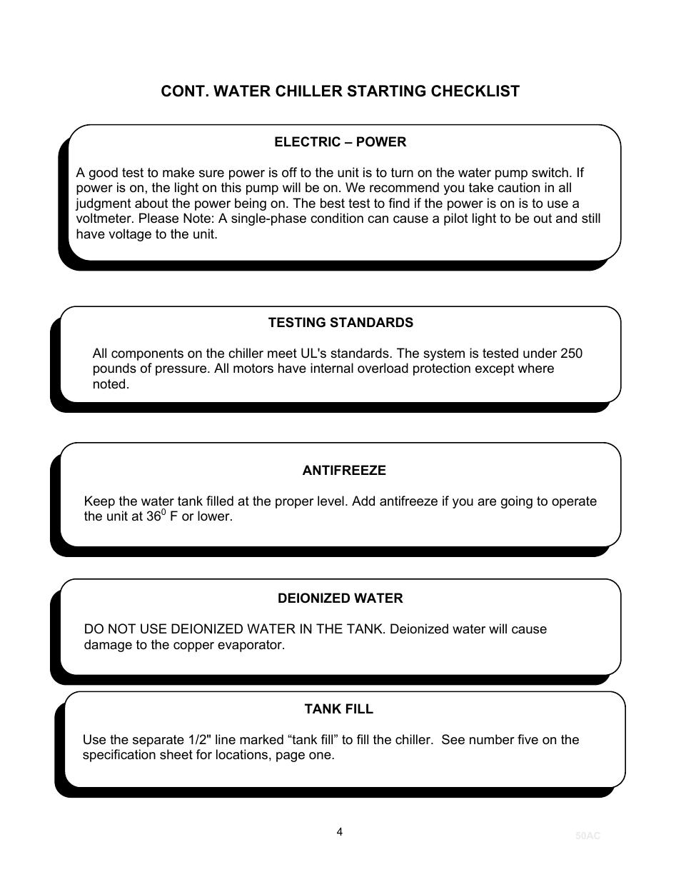 Cont. water chiller starting checklist | Schreiber Chillers 50ACsf User Manual | Page 6 / 32