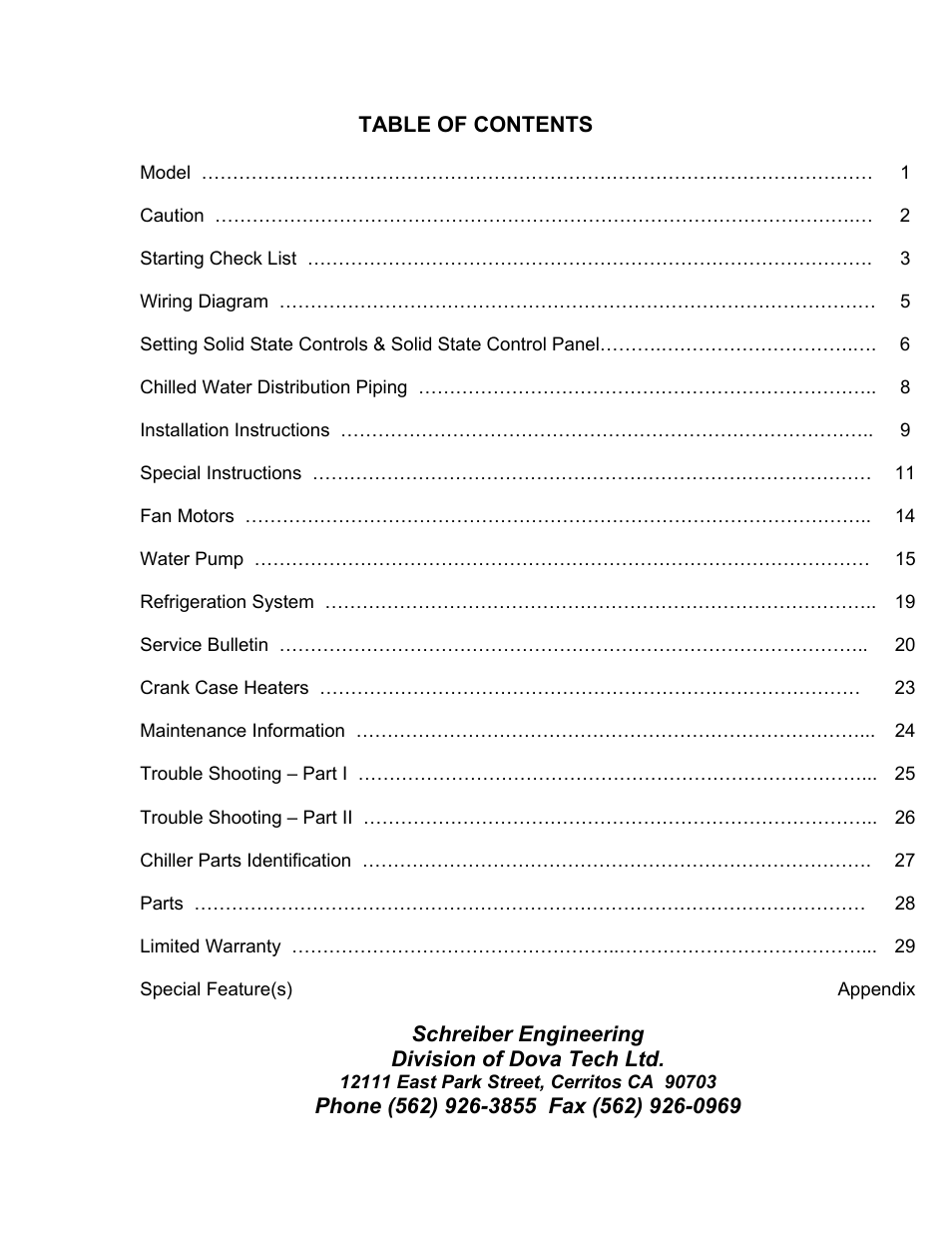 12111 east park street, cerritos ca 90703 | Schreiber Chillers 750AC MRI User Manual | Page 2 / 43