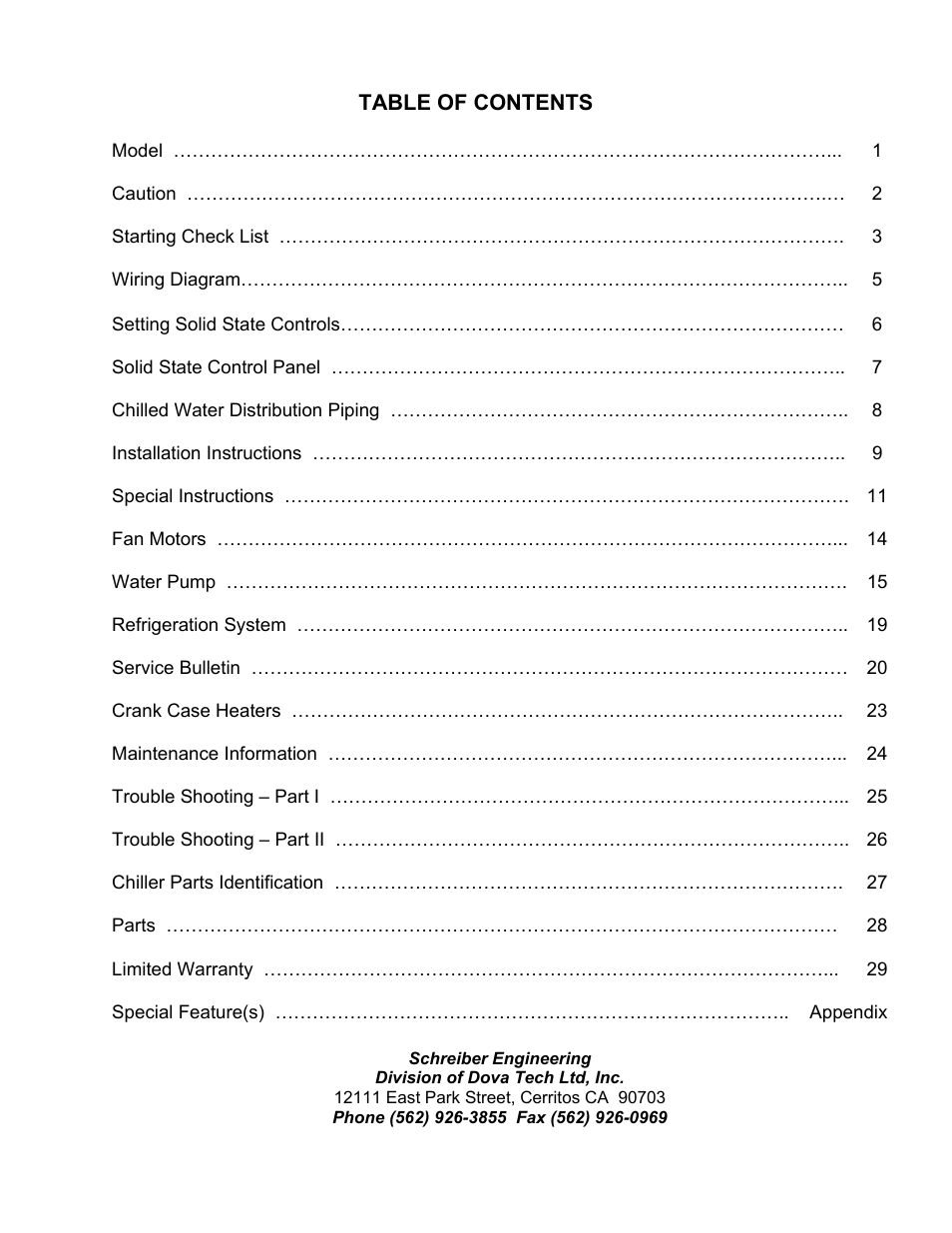 12111 east park street, cerritos ca 90703 | Schreiber Chillers 750ACsf User Manual | Page 2 / 31