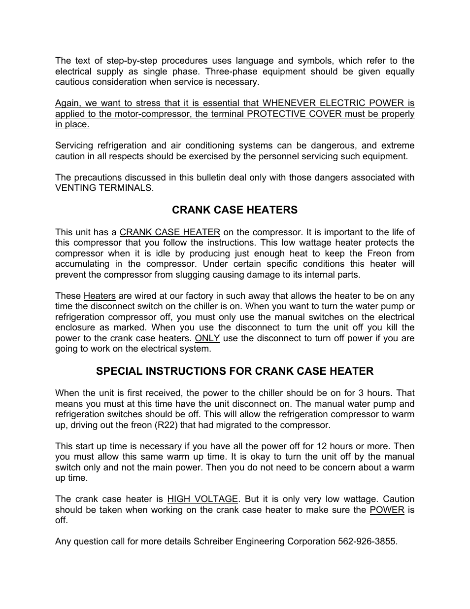 Crank case heaters | Schreiber Chillers 750ACsf User Manual | Page 25 / 31