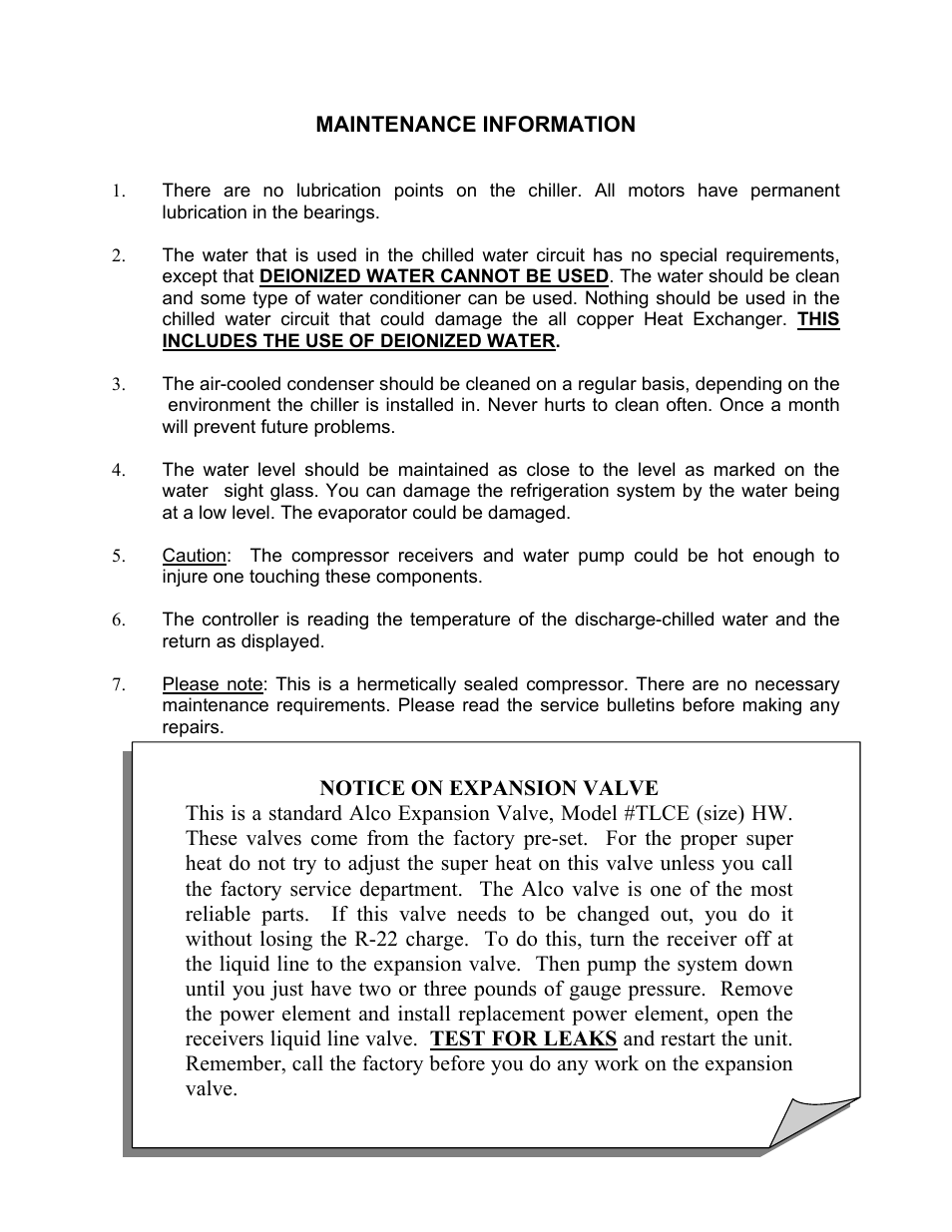 Maintenance information | Schreiber Chillers 750ACsf User Manual | Page 26 / 31