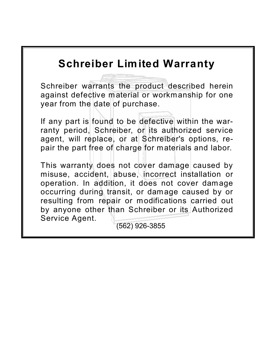 Schreiber lim ited warranty | Schreiber Chillers 750ACsf User Manual | Page 31 / 31