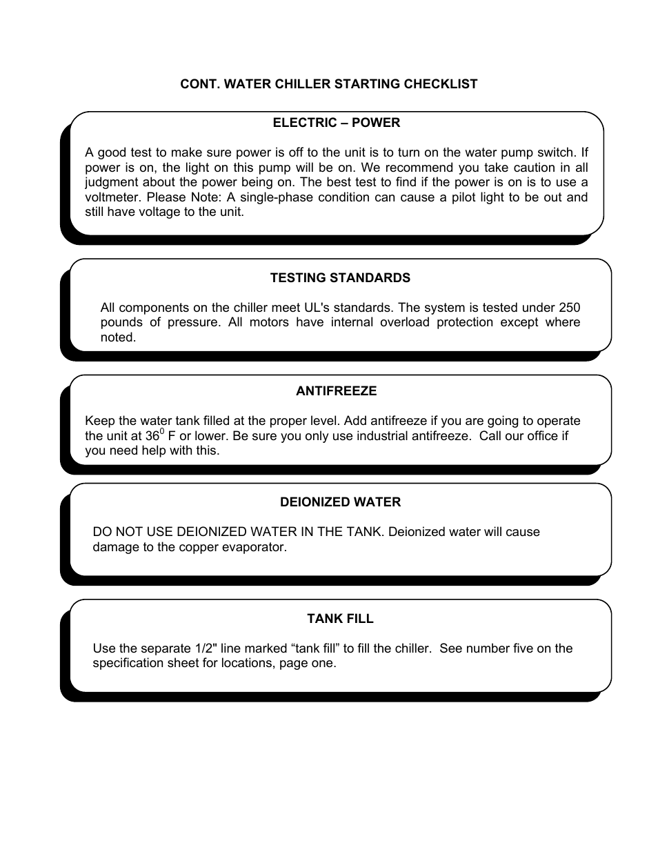 Cont. water chiller starting checklist | Schreiber Chillers 750ACsf User Manual | Page 6 / 31