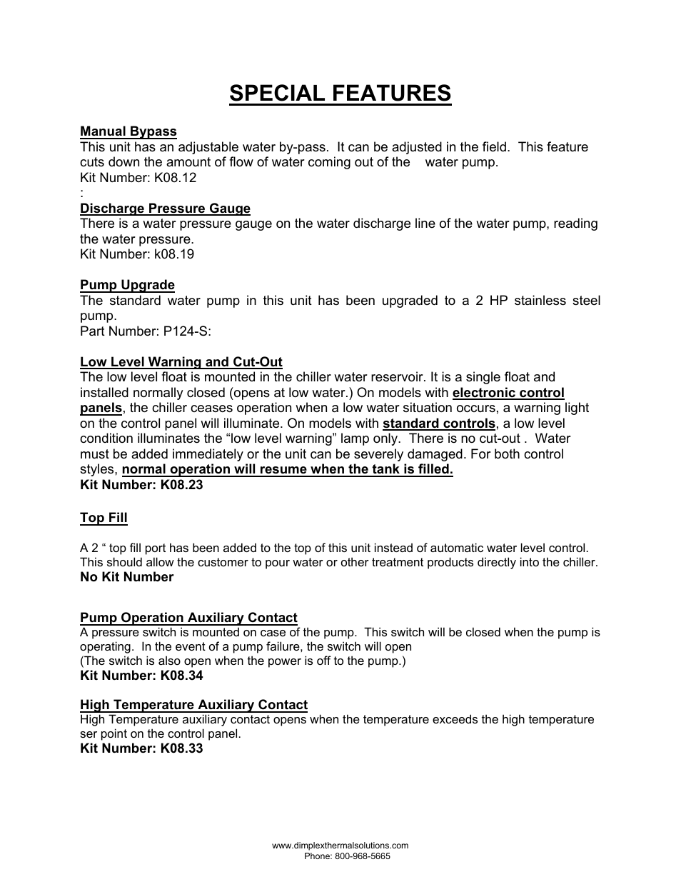 Pump operation auxiliary contact, Kit number: k08.33, Special features | Schreiber Chillers 400AC MRI User Manual | Page 35 / 40