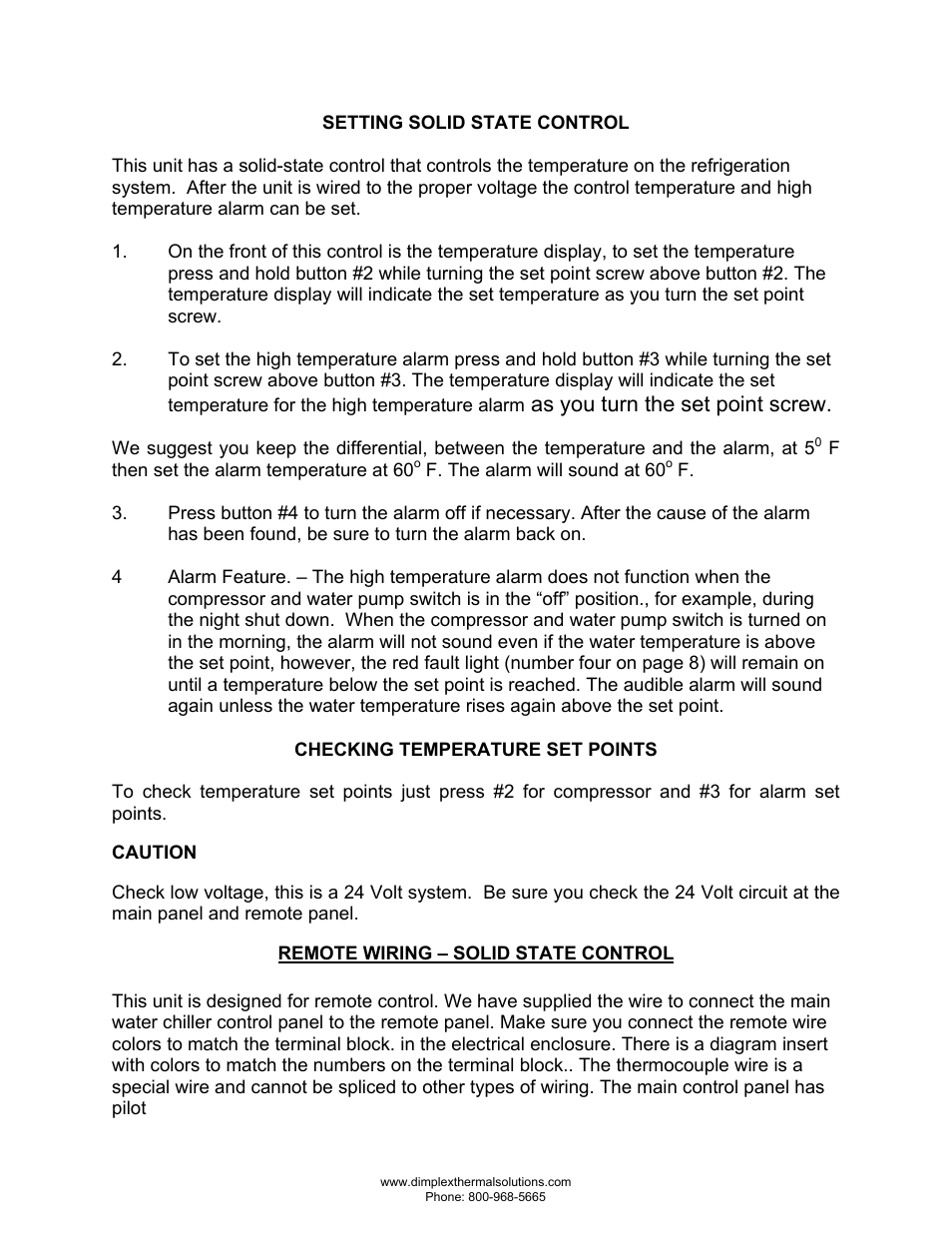 Checking temperature set points, Caution, Remote wiring – solid state control | As you turn the set point screw | Schreiber Chillers 400AC MRI User Manual | Page 9 / 40