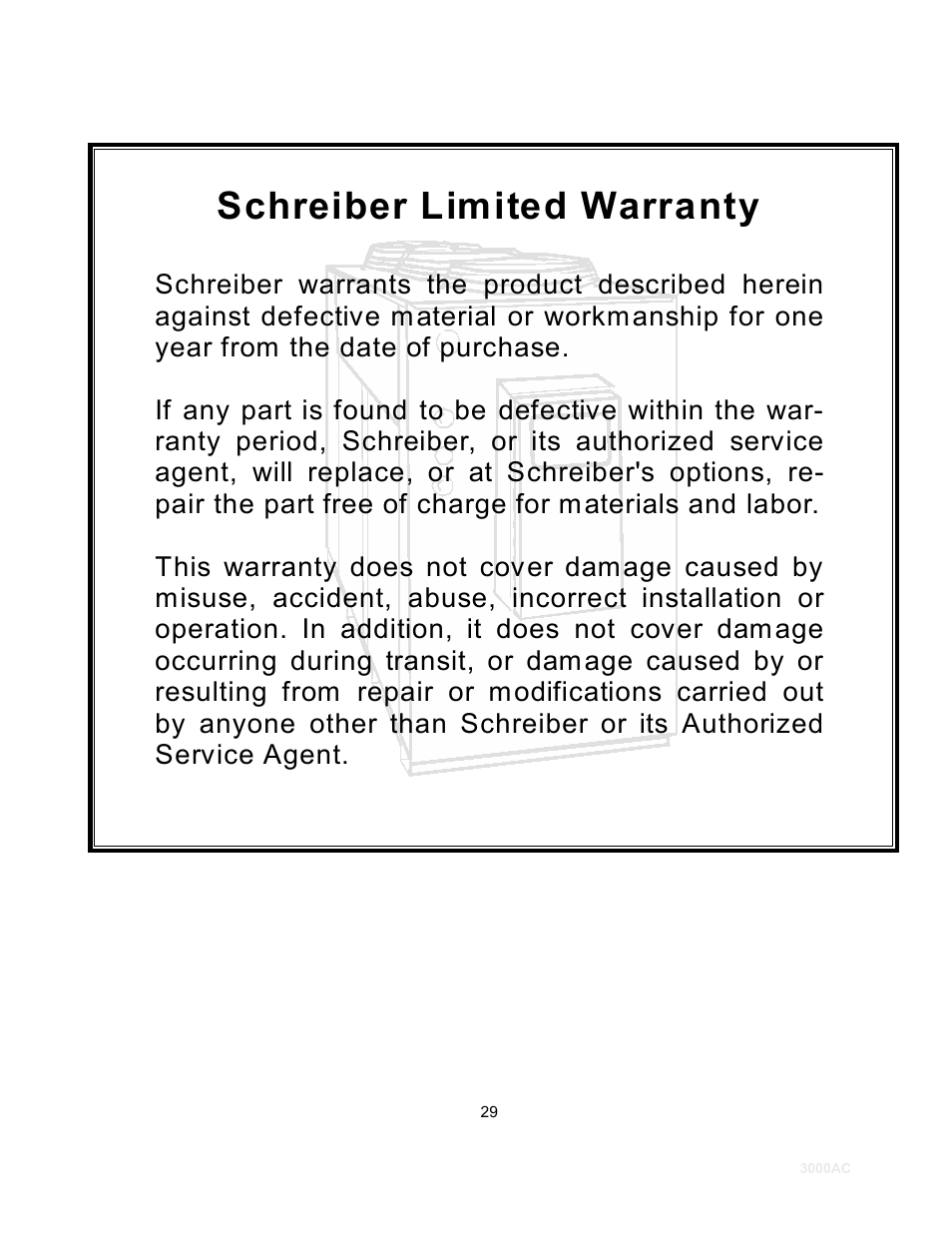 Schreiber limited warranty | Schreiber Chillers 3000AC User Manual | Page 31 / 33