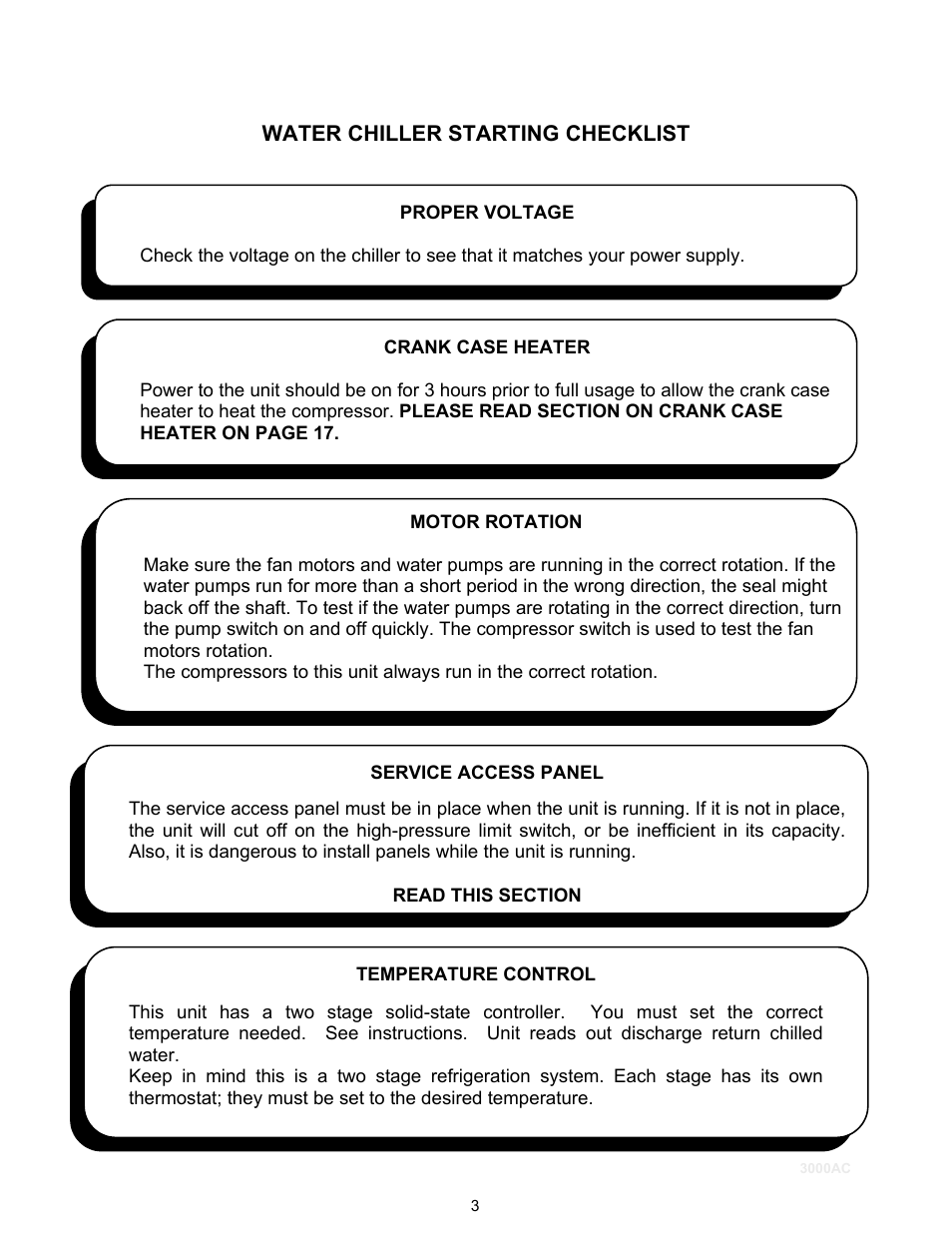 Water chiller starting checklist | Schreiber Chillers 3000AC User Manual | Page 5 / 33
