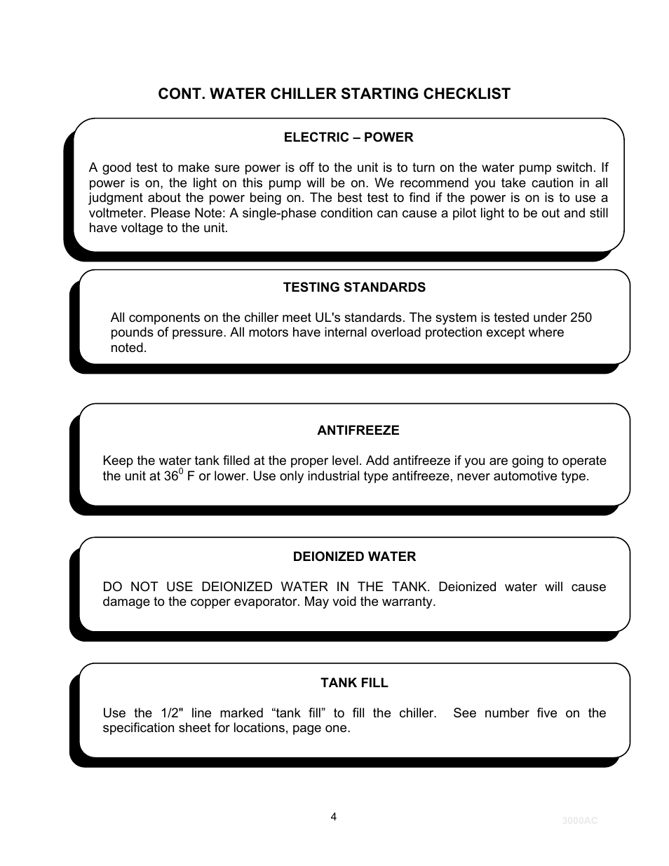 Cont. water chiller starting checklist | Schreiber Chillers 3000AC User Manual | Page 6 / 33