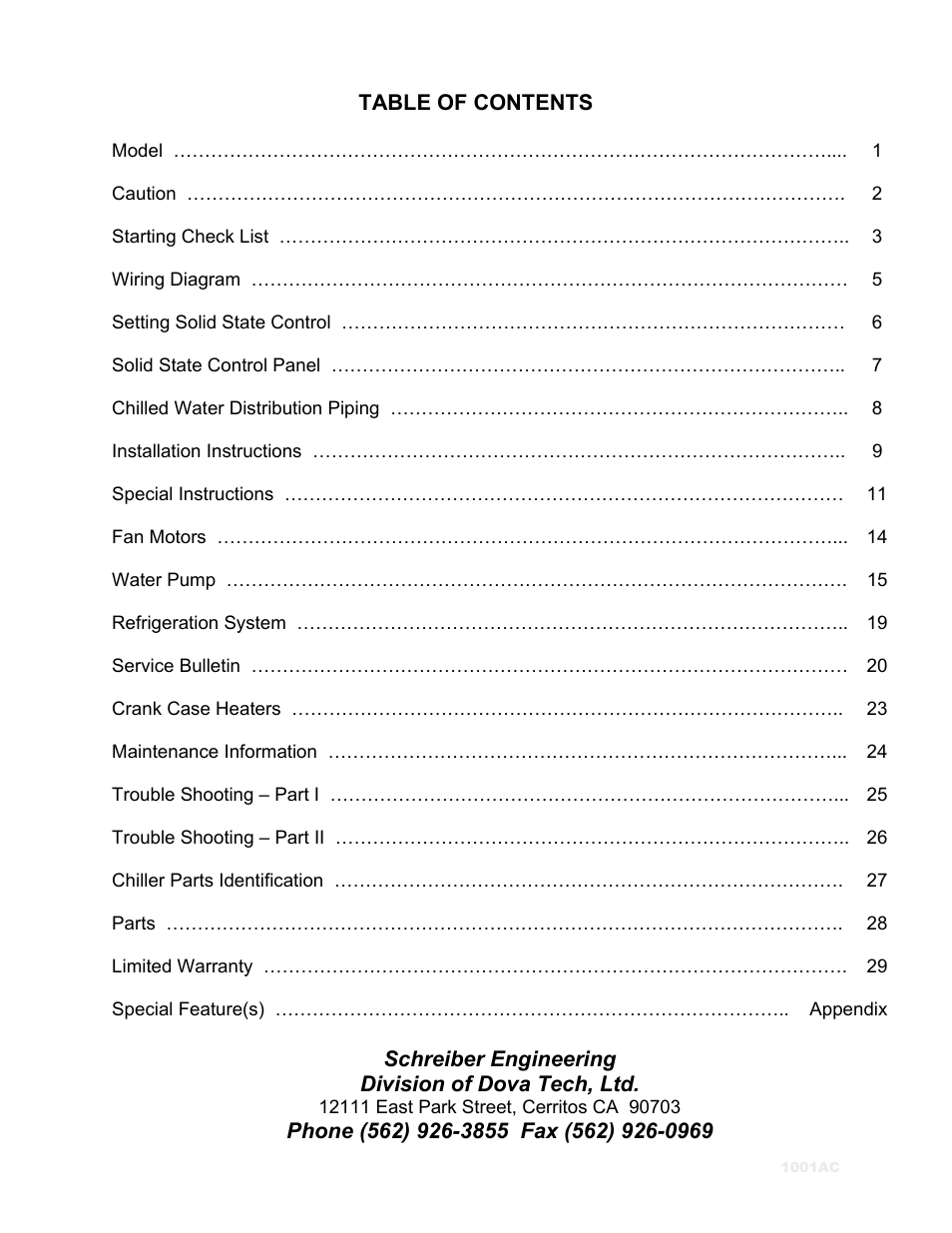 12111 east park street, cerritos ca 90703 | Schreiber Chillers Micro Photonix 1001ac User Manual | Page 3 / 35