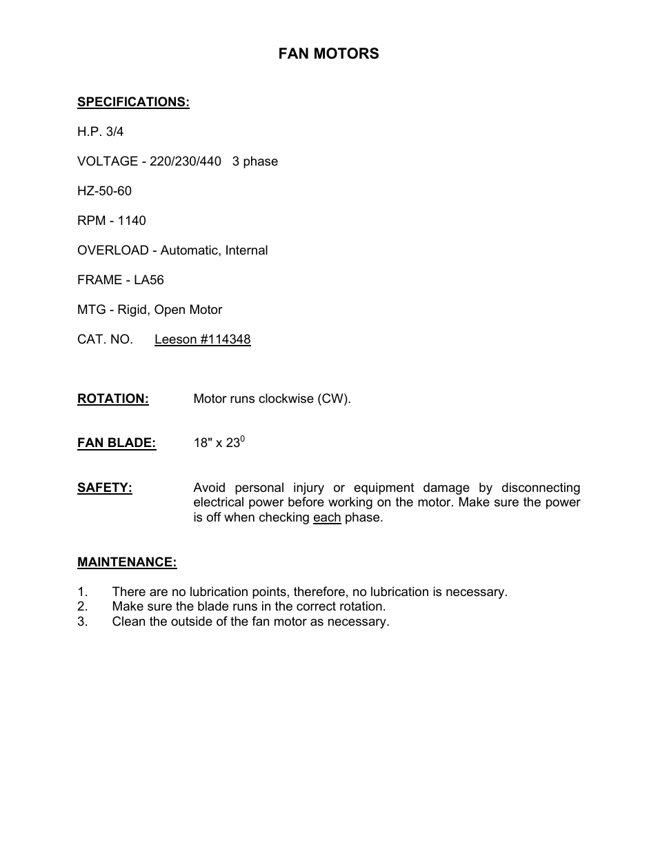 Fan motors, H.p. 3/4 | Schreiber Chillers Hypertherm Part No 039104 User Manual | Page 13 / 30
