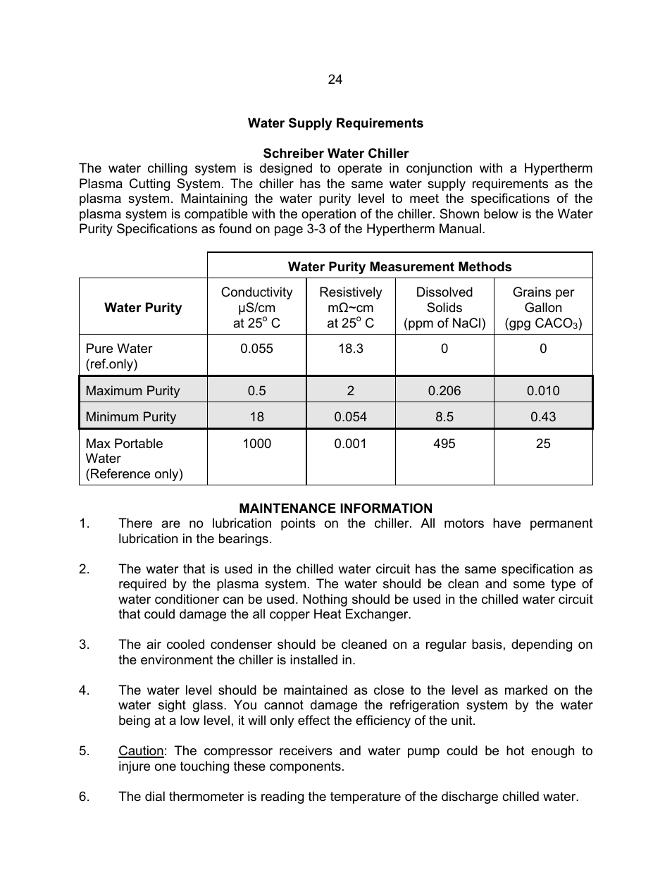 Water supply requirements, Maintenance information | Schreiber Chillers Hypertherm Part No 039104 User Manual | Page 24 / 30