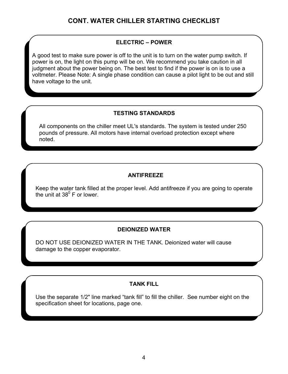 Cont. water chiller starting checklist | Schreiber Chillers Hypertherm Part No 039104 User Manual | Page 4 / 30