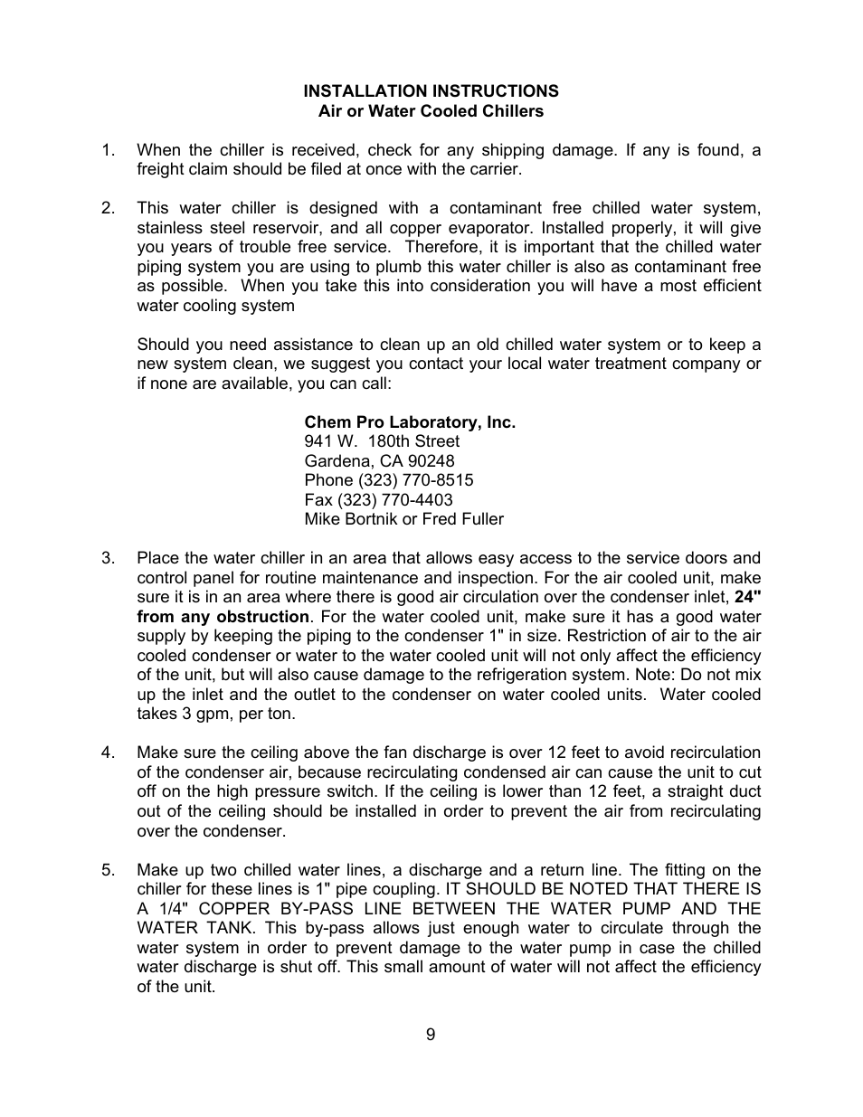 Installation instructions, Air or water cooled chillers | Schreiber Chillers Hypertherm Part No 039104 User Manual | Page 8 / 30