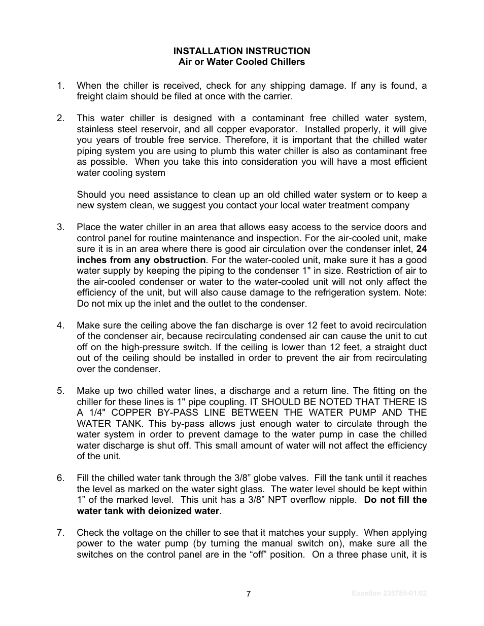 Installation instruction, Air or water cooled chillers | Schreiber Chillers Excellon User Manual | Page 5 / 26