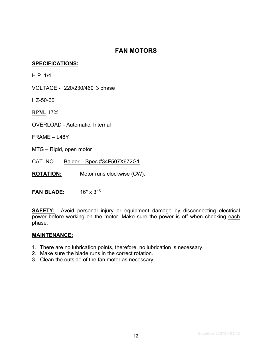 Fan motors | Schreiber Chillers Excellon 150EX User Manual | Page 18 / 34