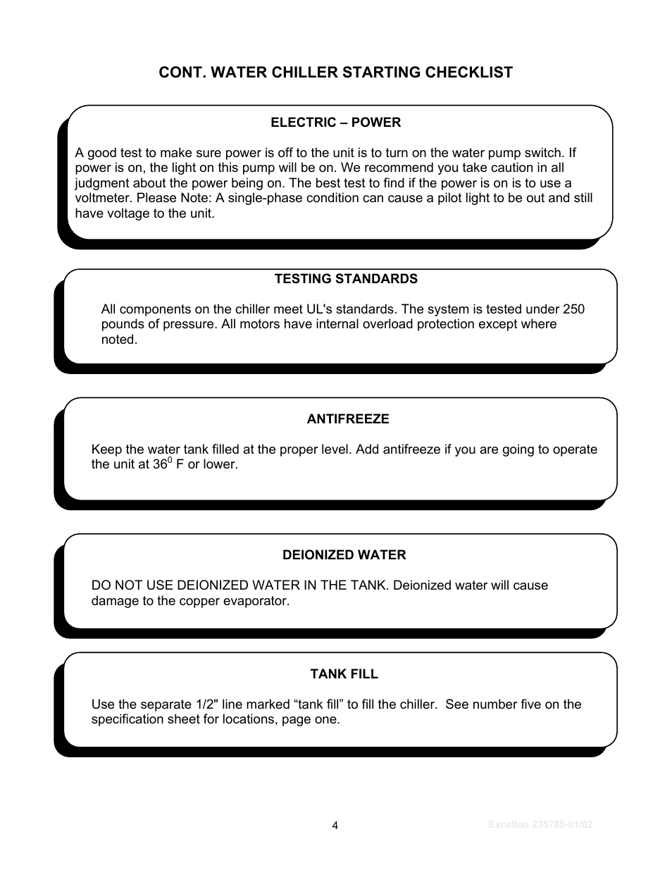 Cont. water chiller starting checklist | Schreiber Chillers Excellon 150AC User Manual | Page 5 / 33