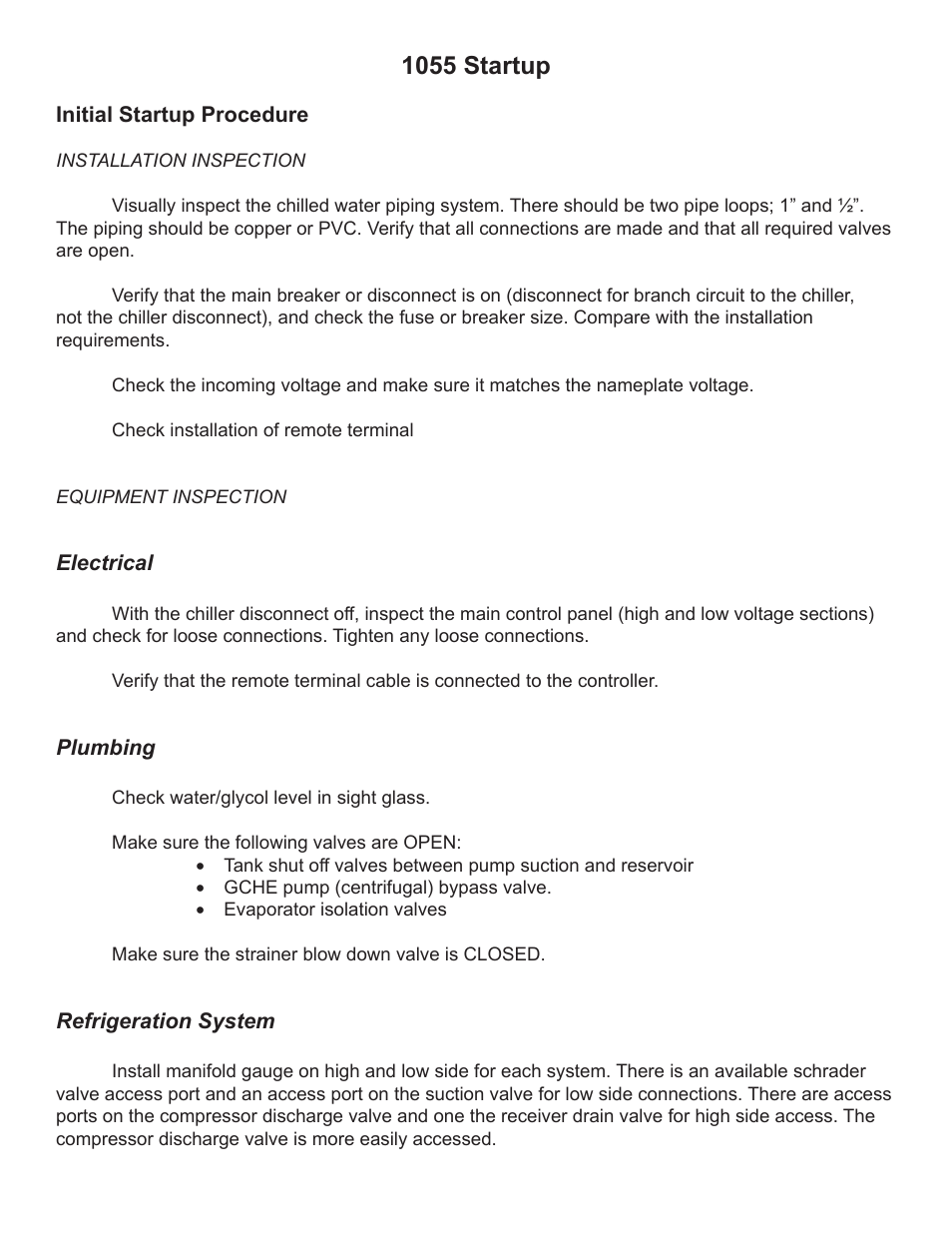 1055 startup | Schreiber Chillers 1055AC/RC HANDBOOK User Manual | Page 11 / 45