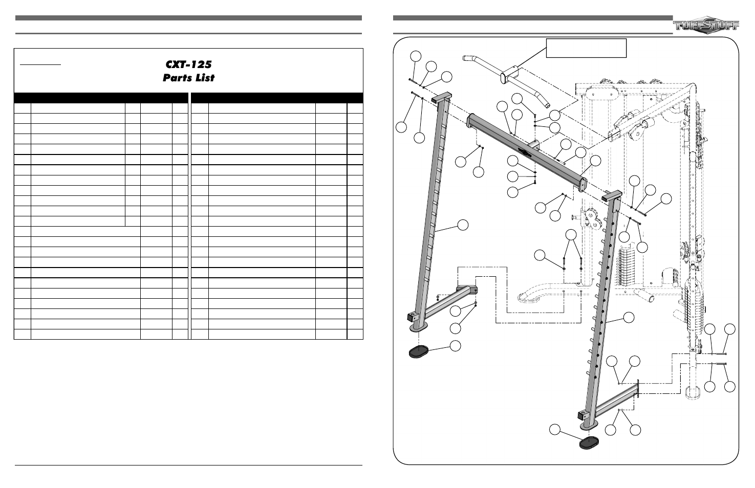 Cxt-125 parts list, Step 1 affi x side frames to the cxt-100, Remove cxt-100 chin-up bar | Tuff Stuff CXT-125 Smith Press System Attachment User Manual | Page 3 / 5