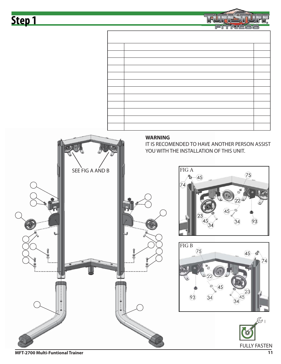 Step 1, Assembly list | Tuff Stuff MFT-2700 Multi-Functional Trainer User Manual | Page 11 / 27