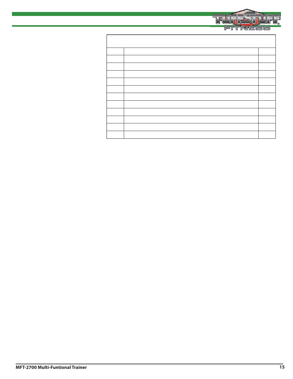 Assembly list | Tuff Stuff MFT-2700 Multi-Functional Trainer User Manual | Page 15 / 27