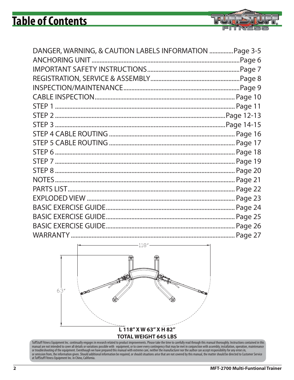 Tuff Stuff MFT-2700 Multi-Functional Trainer User Manual | Page 2 / 27