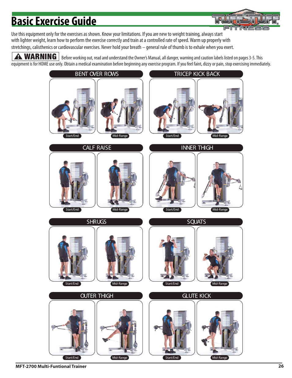 Basic exercise guide, Shrugs, Squats | Outer thigh, Glute kick, Bent over rows, Tricep kick back, Calf raise, Inner thigh | Tuff Stuff MFT-2700 Multi-Functional Trainer User Manual | Page 26 / 27