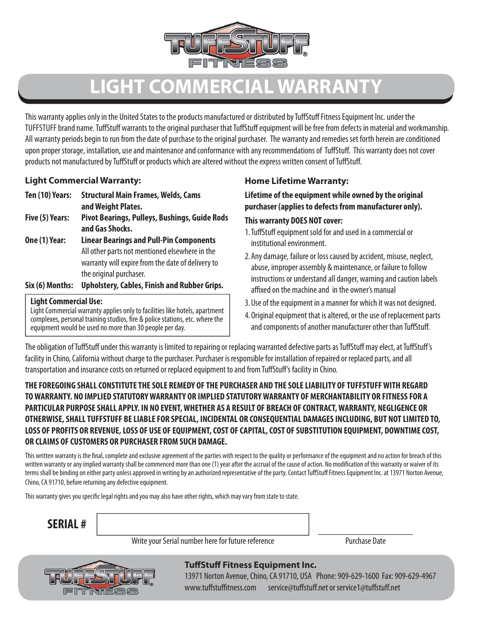 Light commercial warranty, Serial | Tuff Stuff MFT-2700 Multi-Functional Trainer User Manual | Page 27 / 27