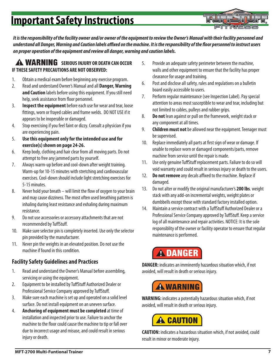 Important safety instructions | Tuff Stuff MFT-2700 Multi-Functional Trainer User Manual | Page 7 / 27