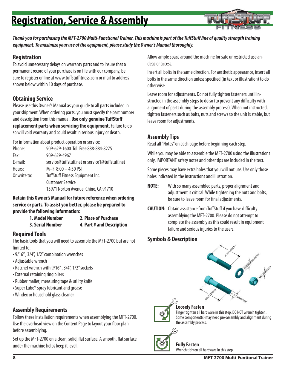 Registration, service & assembly | Tuff Stuff MFT-2700 Multi-Functional Trainer User Manual | Page 8 / 27