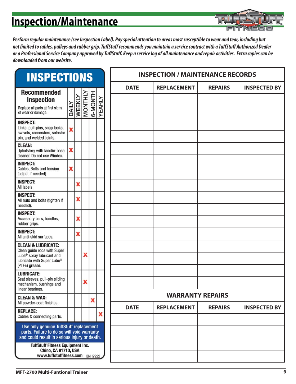 Inspection/maintenance | Tuff Stuff MFT-2700 Multi-Functional Trainer User Manual | Page 9 / 27