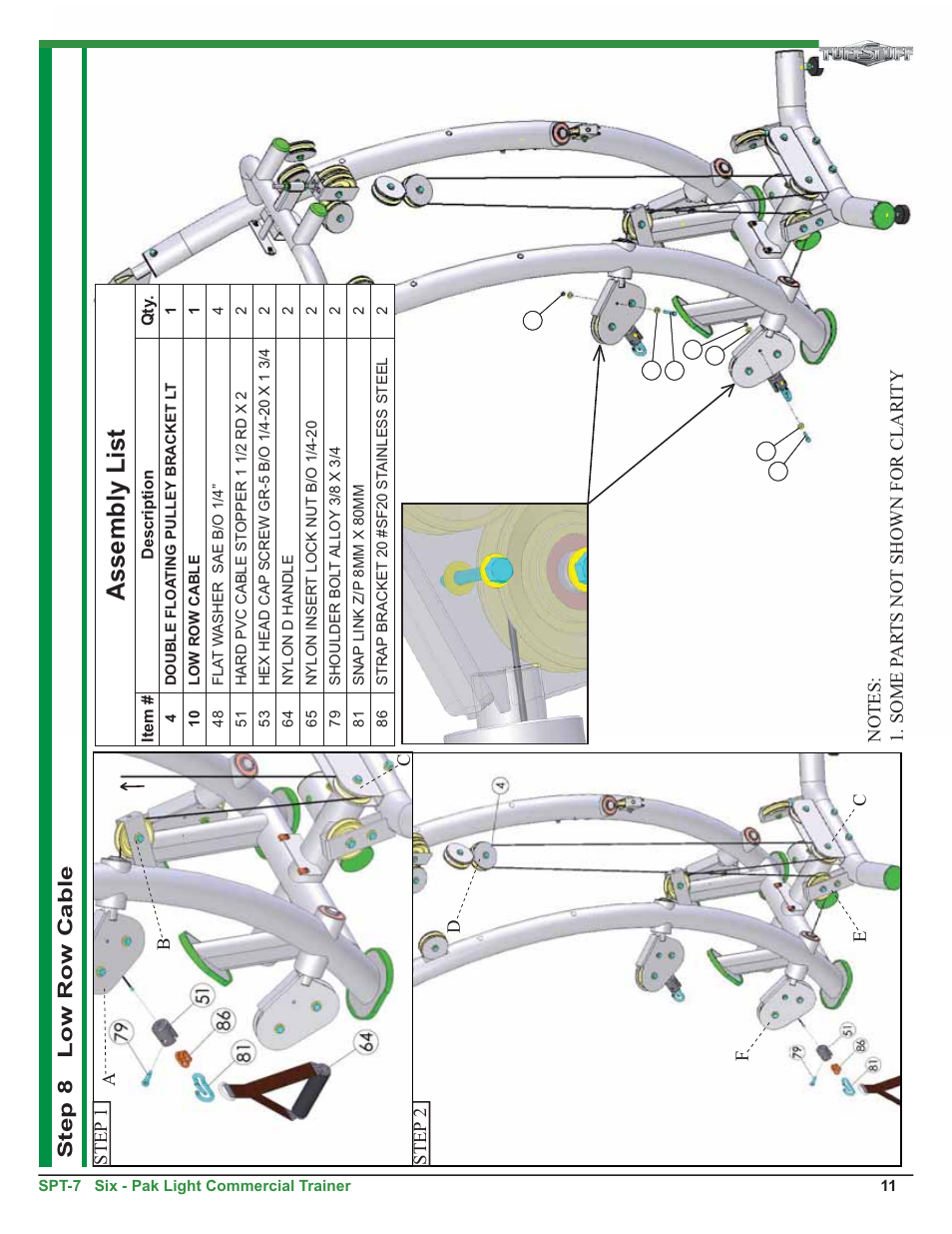 Assembly list, Step 8 low row cable | Tuff Stuff SPT-7 Six-Pak Light Commercial Trainer User Manual | Page 11 / 17