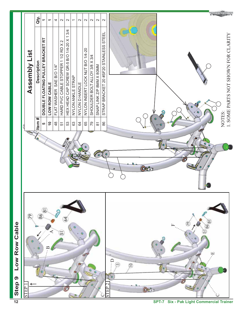 Assembly list, Step 9 low row cable | Tuff Stuff SPT-7 Six-Pak Light Commercial Trainer User Manual | Page 12 / 17