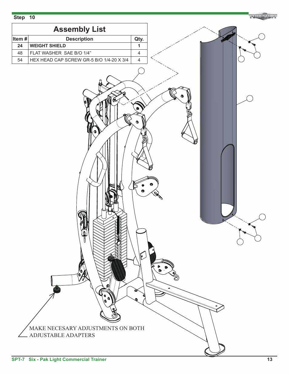 Assembly list | Tuff Stuff SPT-7 Six-Pak Light Commercial Trainer User Manual | Page 13 / 17