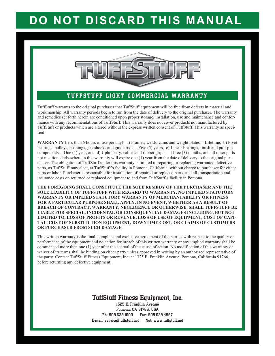 Tuffstuff fitness equipment, inc | Tuff Stuff SPT-7 Six-Pak Light Commercial Trainer User Manual | Page 17 / 17