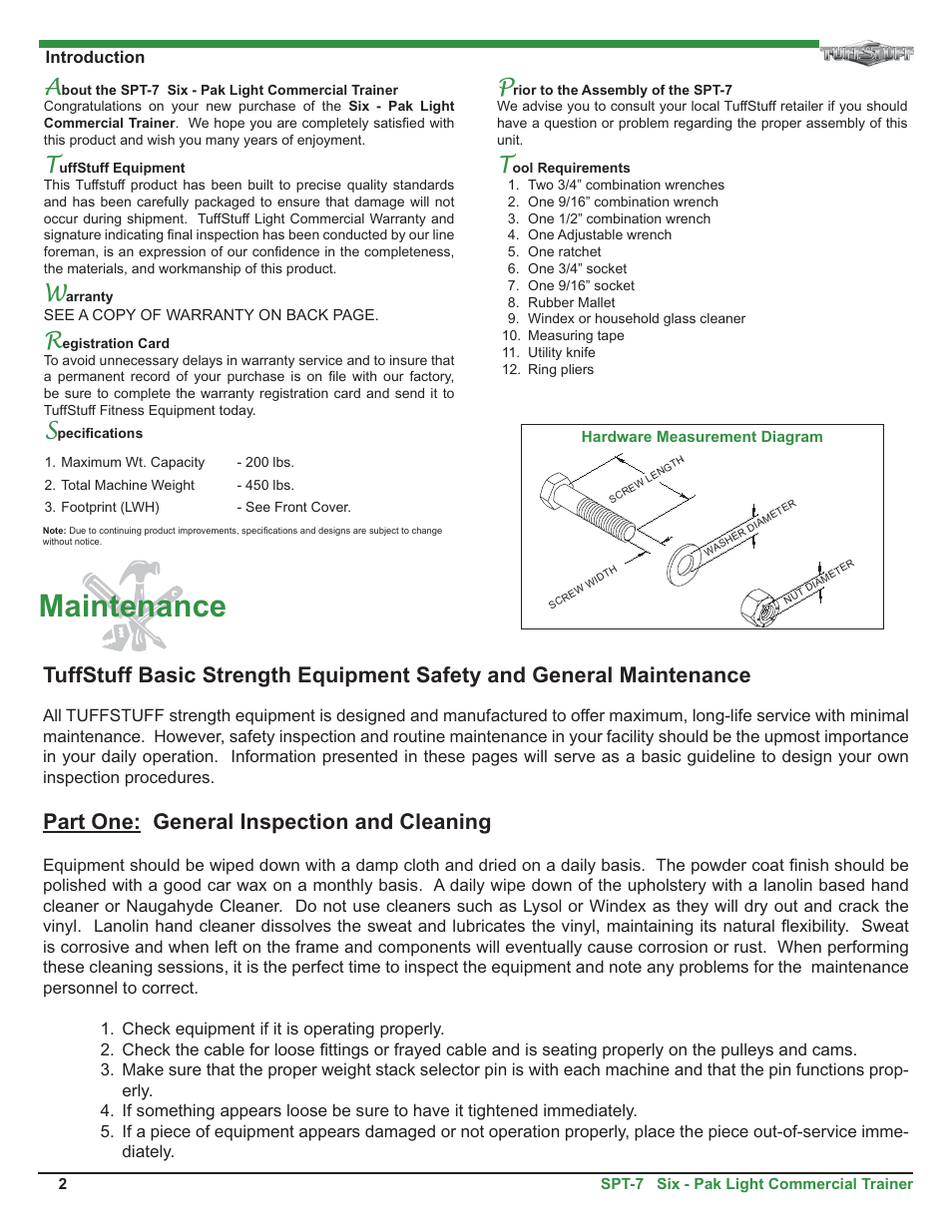 Maintenance, Part one: general inspection and cleaning | Tuff Stuff SPT-7 Six-Pak Light Commercial Trainer User Manual | Page 2 / 17