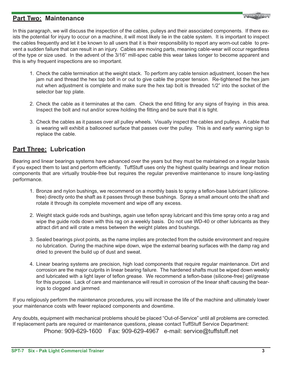 Part two: maintenance, Part three: lubrication | Tuff Stuff SPT-7 Six-Pak Light Commercial Trainer User Manual | Page 3 / 17