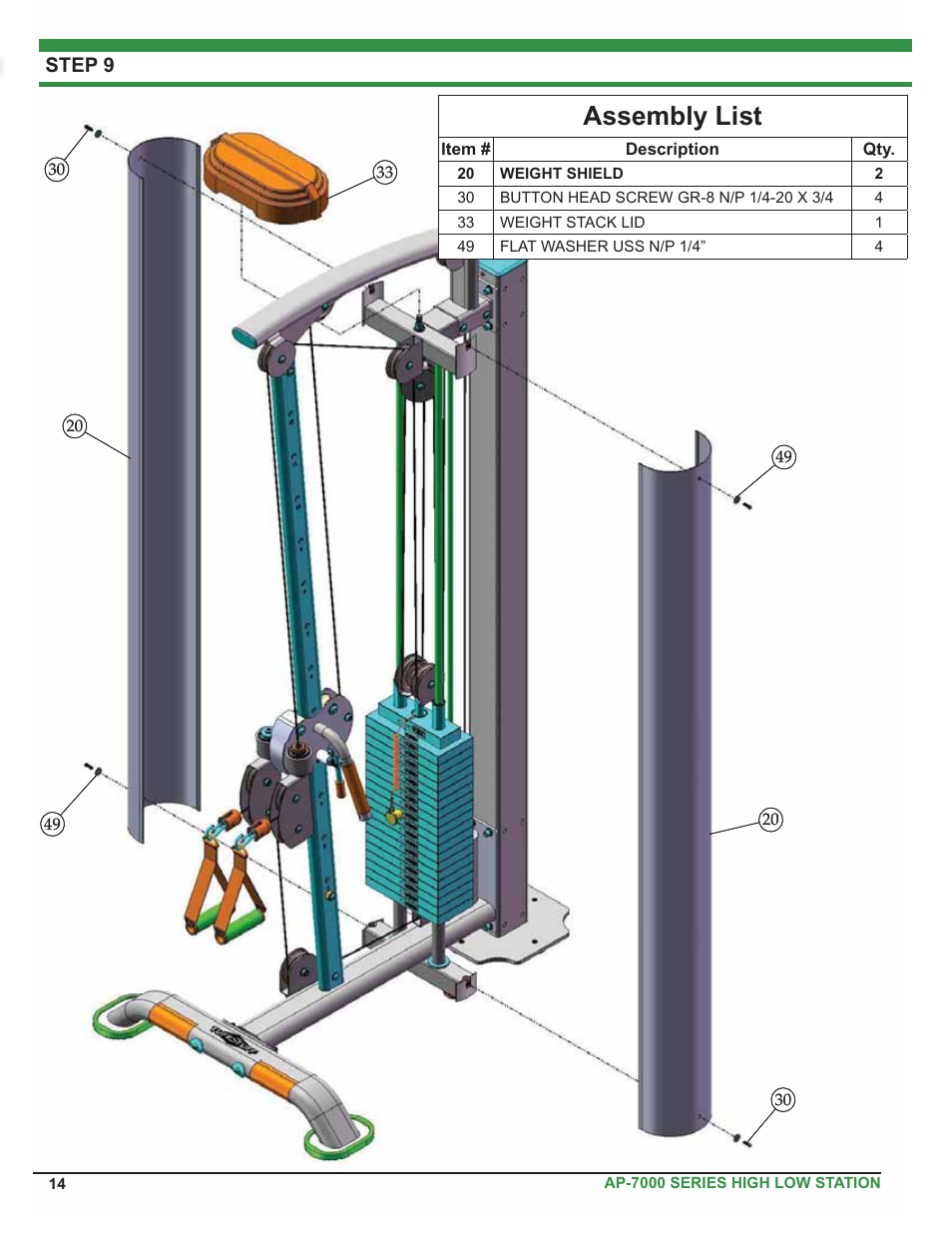 Assembly list, Step 9 | Tuff Stuff AP-71HL Single Station High Low User Manual | Page 14 / 19