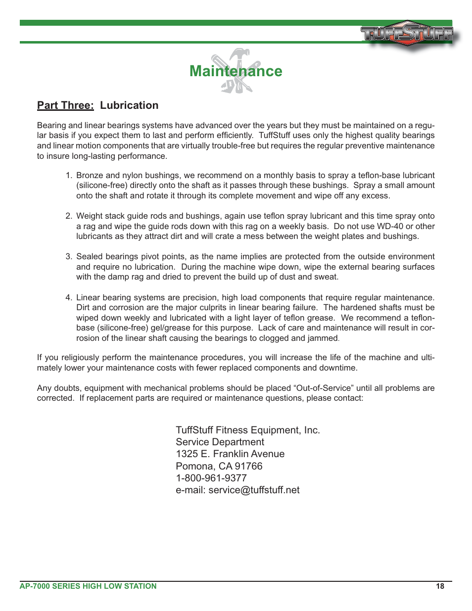 Maintenance | Tuff Stuff AP-71HL Single Station High Low User Manual | Page 18 / 19