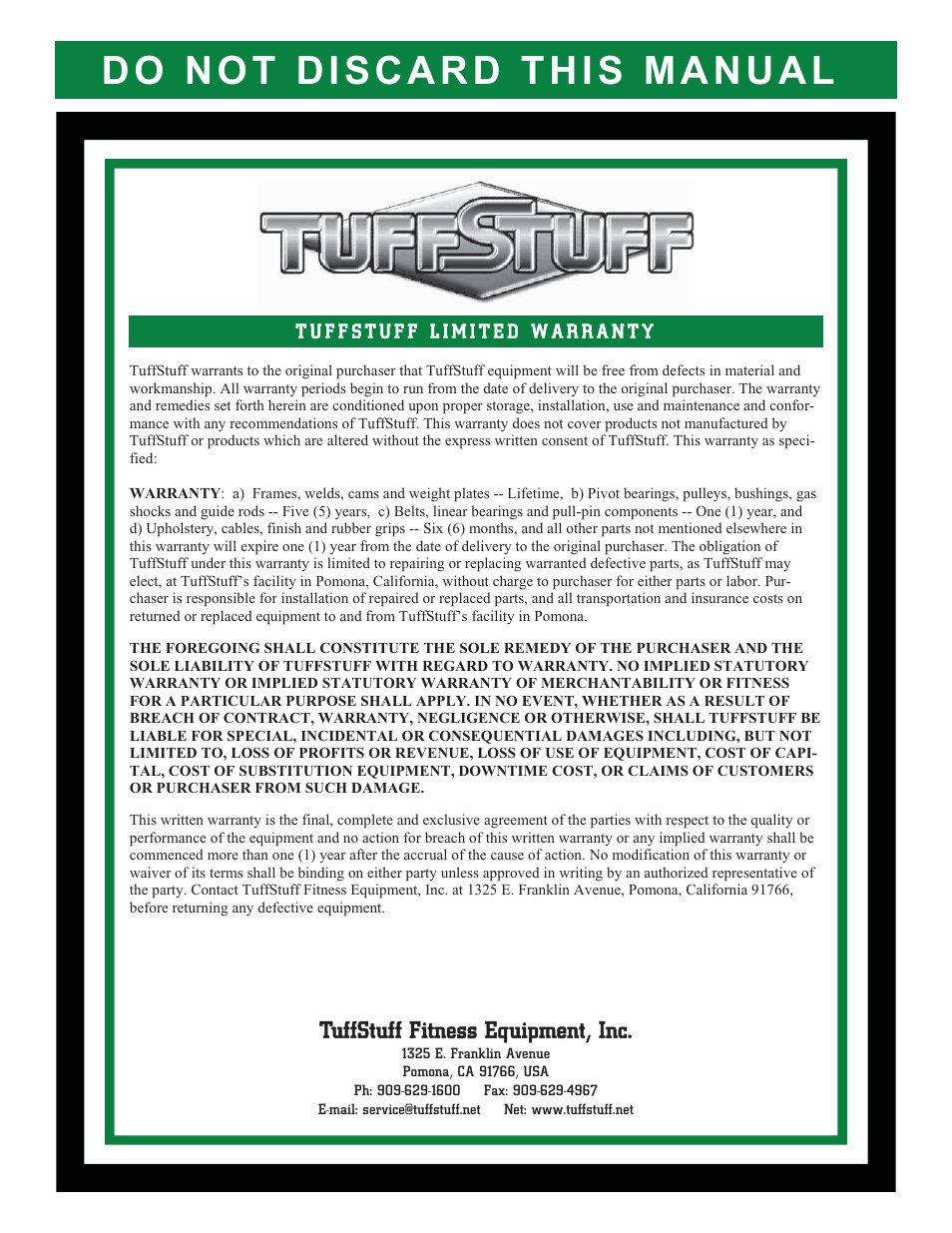 Tuffstuff fitness equipment, inc | Tuff Stuff AP-71HL Single Station High Low User Manual | Page 19 / 19