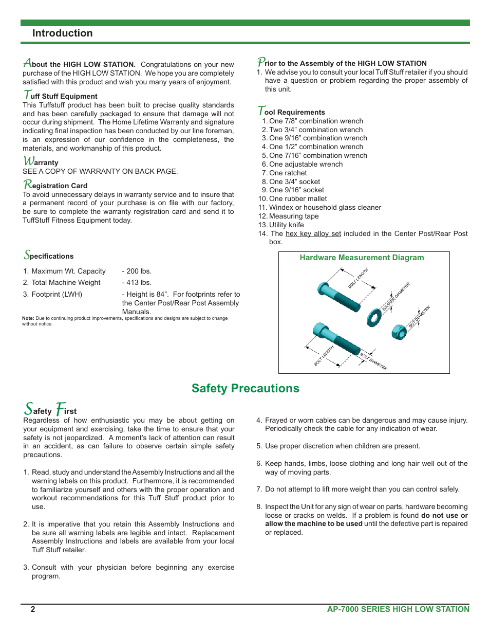 Safety precautions, Introduction | Tuff Stuff AP-71HL Single Station High Low User Manual | Page 2 / 19