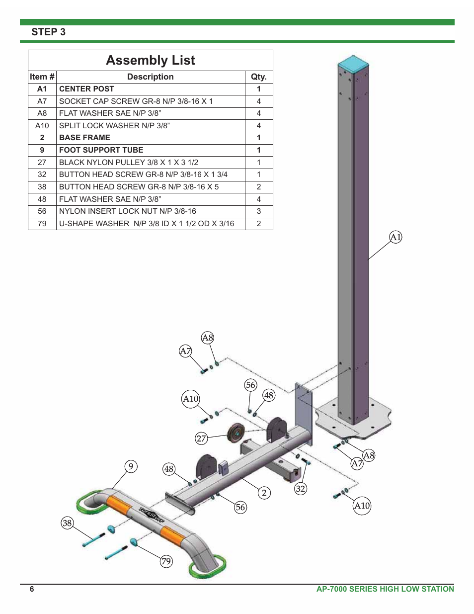 Assembly list, Step 1 with ap-70rp, Step 3 | Tuff Stuff AP-71HL Single Station High Low User Manual | Page 6 / 19