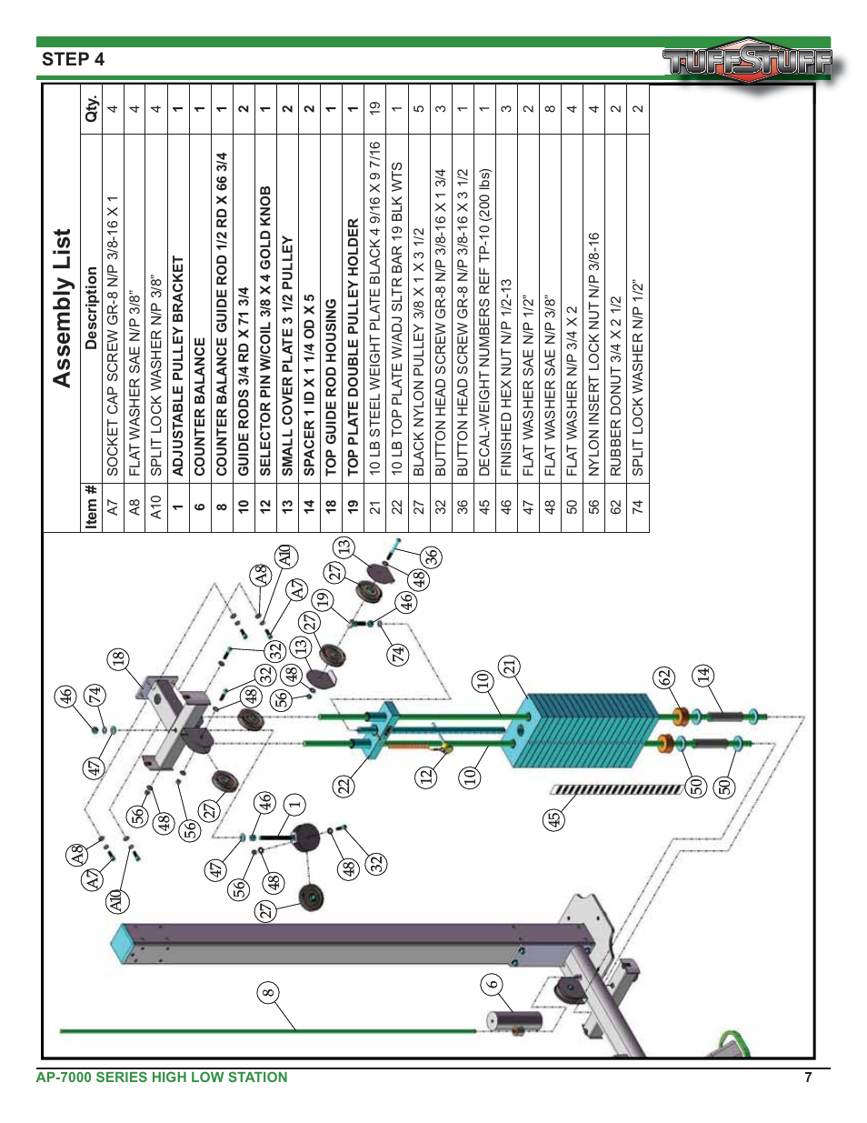 Assembly list, Step 4 | Tuff Stuff AP-71HL Single Station High Low User Manual | Page 7 / 19
