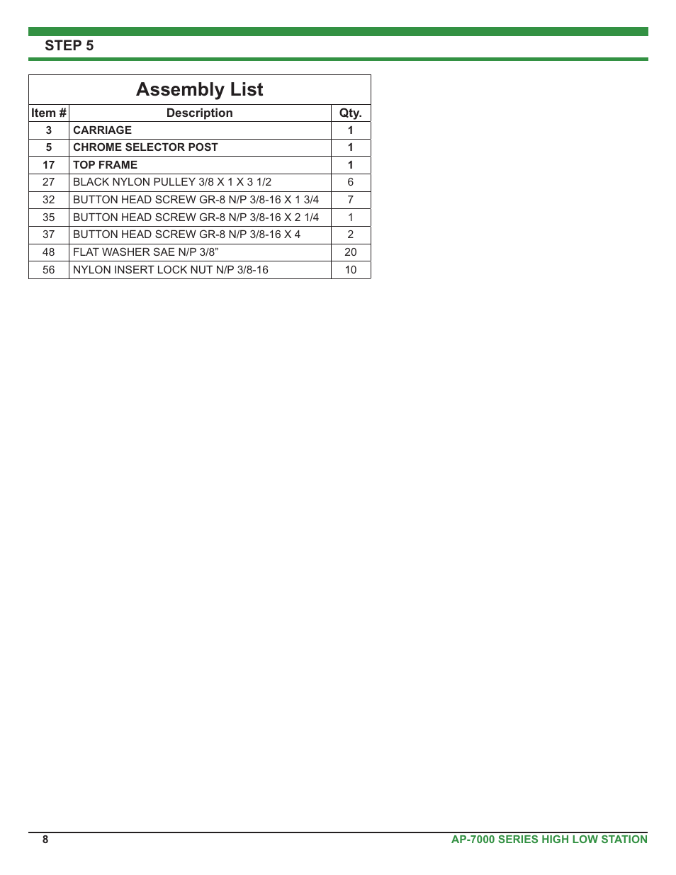 Assembly list, Step 5 | Tuff Stuff AP-71HL Single Station High Low User Manual | Page 8 / 19