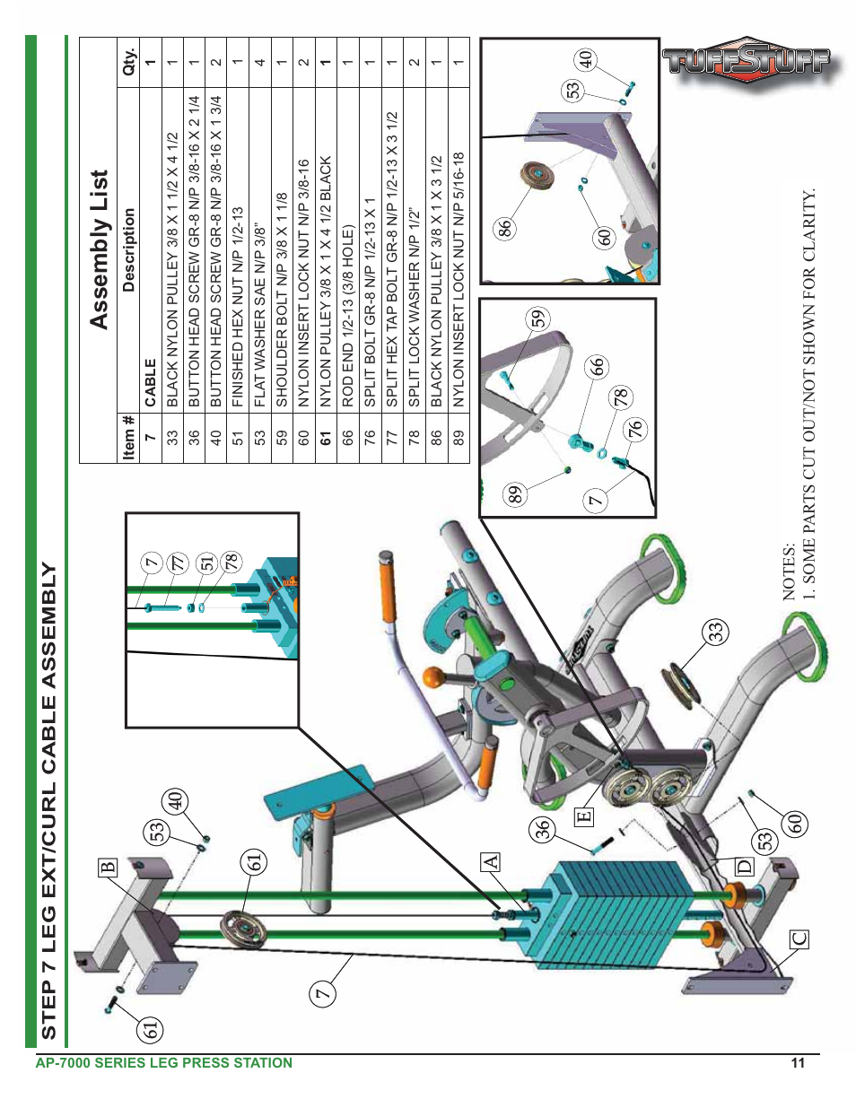Assembly list | Tuff Stuff AP-71LE Single Station Leg Ext/Curl User Manual | Page 11 / 19